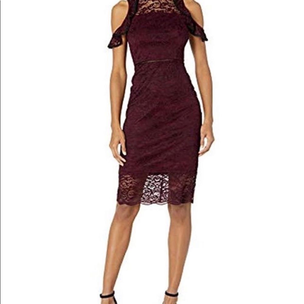Bebe Lace Cold Shoulder Midi Ruffle Dress Modern Event Party Special Occasion - Picture 4 of 13